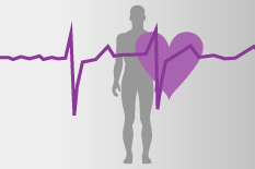 Vor der grauen Menschensilhouette ist eine unregelmäßige EKG-Linie zu sehen und ein großes lila Herz