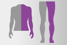 Gefühlsstörungen einer Körperhälfte schematisch dargestellt: eine Seite an dem Oberkörper oder der Unterkörper der grauen Menschensilhouette ist lila mit ganz vielen weißen Pünktchen