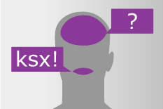 Sprachstörung schematisch dargestellt: der Sprechblase beinhaltet den Text "ksx!", der zweite Sprechblase zeigt auf Gehirn, und beinhaltet ein Fragezeichen.