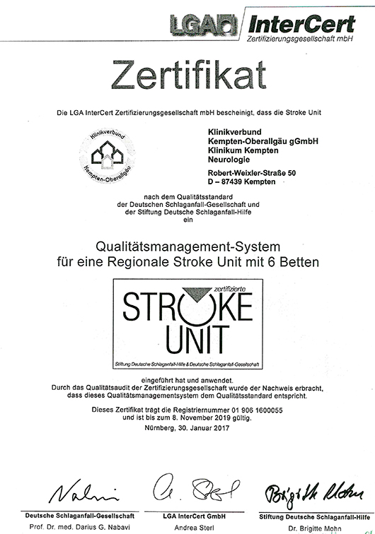 Stroke Unit Zertifikat Kempten