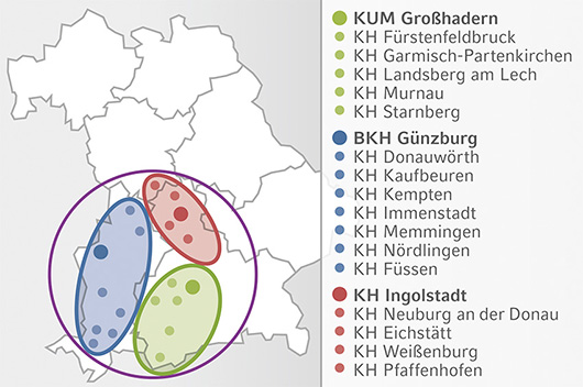 Bayern Landkarte mit NEVAS Zentrums- und Kooperationsklinen
