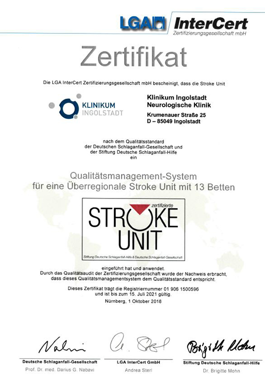 Stroke Unit Zertifkat Ingolstadt